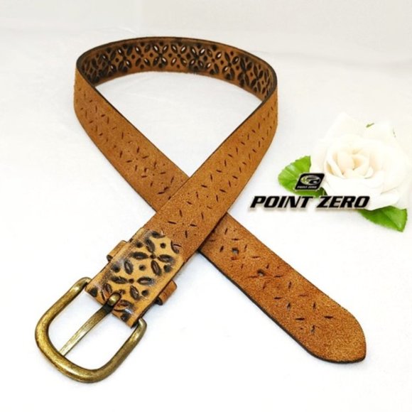 POINT ZERO Unisex Belt Brown Leather Black Burnished Geo Motifs Brass Buckle, S - Picture 6 of 11